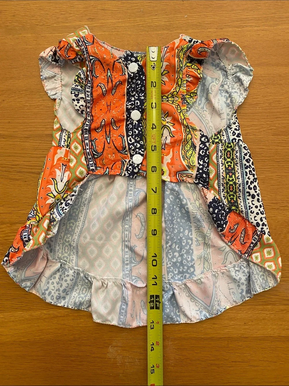 Patchwork Printed Ruffle-Hem Dog Dress in Orange, Navy & Cream